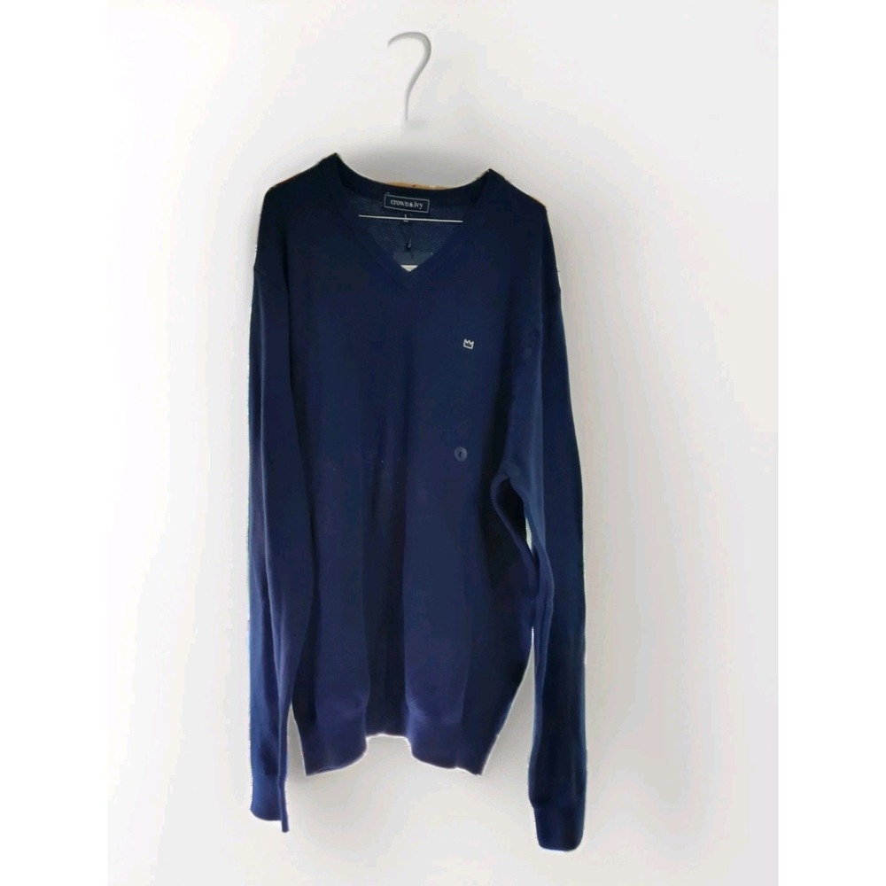 Men's Crown & Ivy Cashmere Cotton Blend V-Neck Soft Sweater Size L Navy Blue NWT